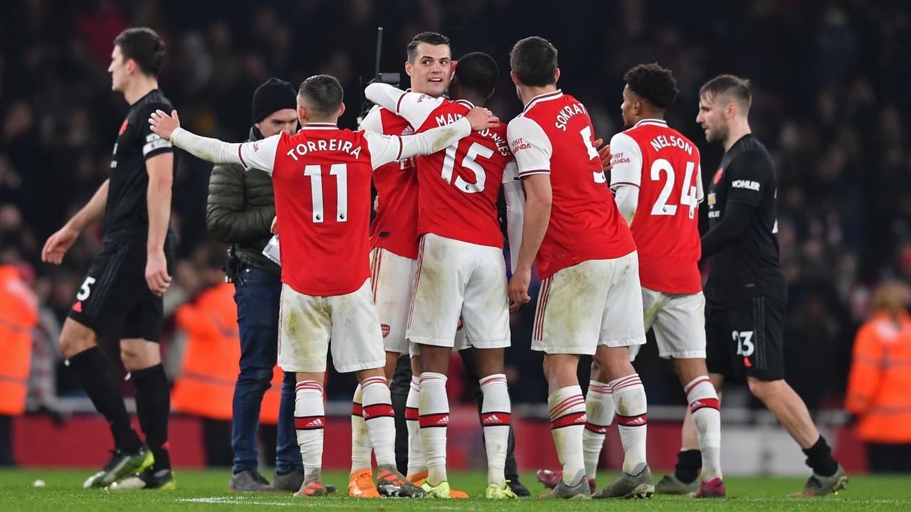 Arsenal celebrated just a second win in 16 games with victory over Manchester United.