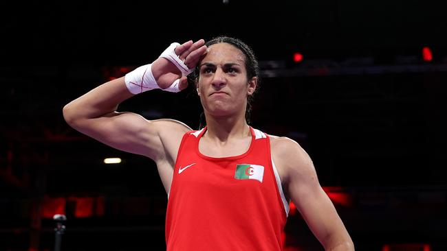 Algeria’s Imane Khelif celebrates her victory over Hungary’s Anna Luca Hamori in the women’s 66kg quarter-final boxing match. Picture: Richard Pelham/Getty Images (Photo by Richard Pelham/Getty Images)