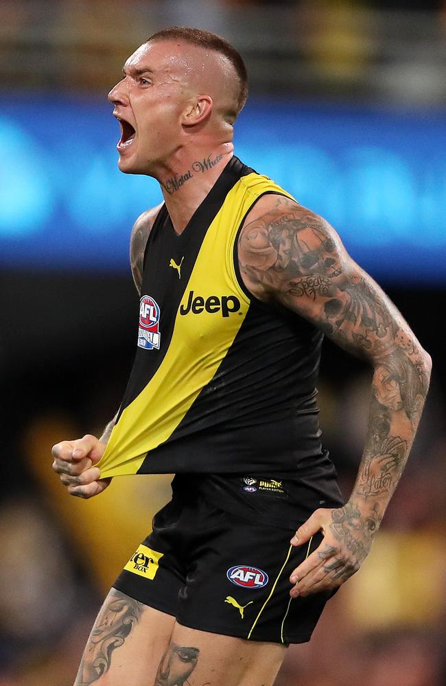 Dusty celebrates a goal in the 2020 grand final. Picture: Sarah Reed