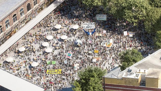 Vision for a new public square near Central station, featuring a giant Greta Thunberg.