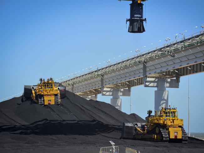 A week after the first load of coal arrives at the Wiggins Island Coal Export Terminal, dozers and trucks begin to move the coal to bed down the stockyard.Photo Mara Pattison-Sowden / The Observer