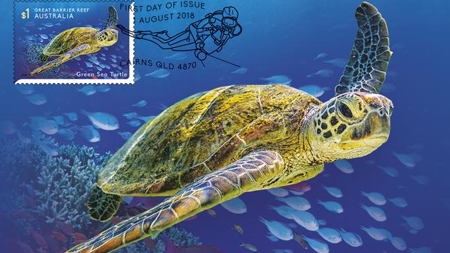 Australia Post's stamp series Reef Safari features endangered Great Barrier Reef animals including the Green Sea Turtle.