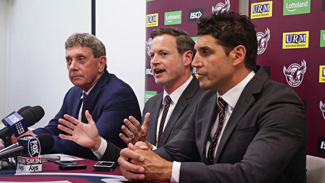 Sea Eagles new CEO Lyall Gorman, chairman Scott Penn and coach Trent Barrett have some work to do in 2018 following the cap breaches. Picture: Adam Yip