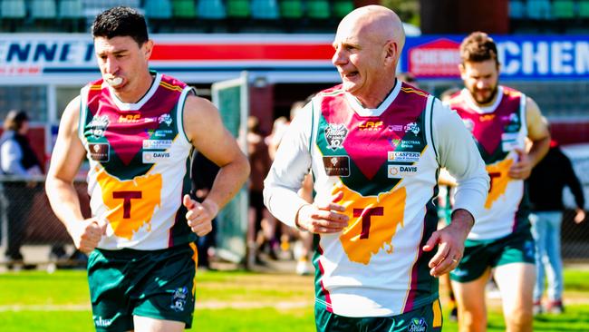 Re-live the Rivalry Charity Match between Tasmania and Victoria at North Hobart Oval on Saturday 7th October 2023. Former Premier, Peter Gutwein runs out for Tasmania. Picture: Linda Higginson