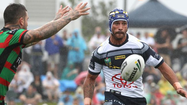 Johnathan Thurston, pictured setting up a try for winger Antonio Winterstein at Barlow Park, says Far North Queensland and Cape York hold a special place in his heart. Image: Marc McCormack