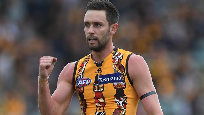 Jack Gunston of the Hawks reacts after kicking a goal during the Round 10 AFL match between the the Hawthorn Hawks and Port Adelaide Power at the University of Tasmania Stadium in Launceston, Saturday, May 25, 2019. (AAP Image/Julian Smith) NO ARCHIVING, EDITORIAL USE ONLY