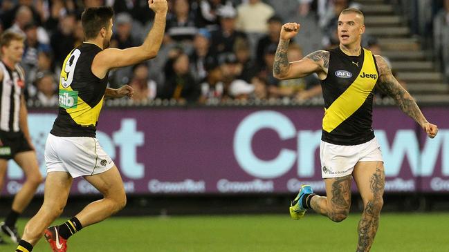 Dustin Martin celebrates a vital goal for the Tigers. Picture: AAP Images