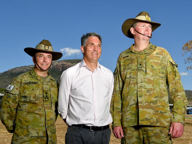 Commander 3rd Brigade Dave McCammon, Deputy Prime Minister Richard Marles and Acting chief of Army Major General Richard Vagg at Lavarack Barracks in Townsville. Picture: Evan Morgan