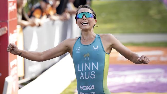 Sophie Linn wins the 2022 Oceania Triathlon Cup in the Gold Coast, April 3, 2022. Picture: Con Chronis