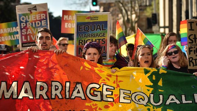 Supporters of same sex marriage marched in Sydney at the weekend before the debate flared in Parliament again. Picture: AFP