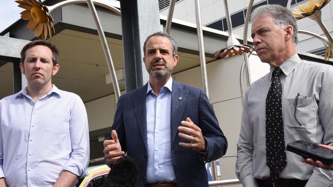 Dr Jerome Muir Wilson, AMA president Dr Omar Khorshid and AMA Tasmania chair Dr Glenn Richardson launching the Tasmanian chapter of the AMA Public Hospital Report Card 2022 at Launceston General Hospital, March 17, 2022. Picture: Alex Treacy