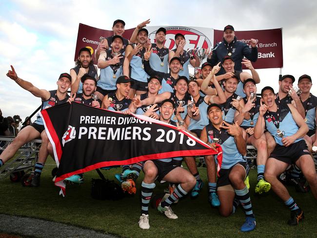 Aberfeldie players celebrate after their win in the EDFL Premier Division grand final.
