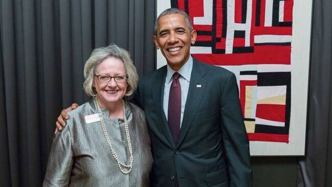 Heather Fenton, Aussie-born and raised mum of Jon Ossoff, with former President Barack Obama. Picture: Facebook