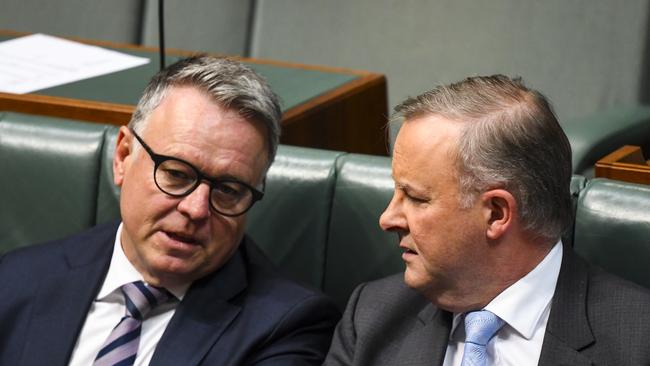 Former defence minister Joel Fitzgibbon (left) with Anthony Albanese (right) during Question Time in 2019. Picture: Lukas Coch/AAP Image