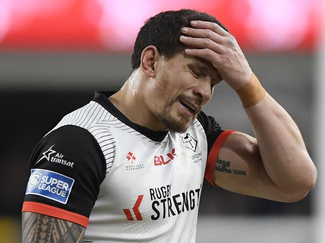 LEEDS, ENGLAND - MARCH 05: Sonny Bill Williams of Toronto Wolfpack reacts during the Betfred Super League match between Leeds Rhinos and Toronto Wolfpack at Emerald Headingley Stadium on March 05, 2020 in Leeds, England (Photo by George Wood/Getty Images)