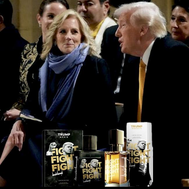 Donald Trump has used a moment he shared with Jill Biden to promote his new line of fragrances, pinning a meme of Dr Biden and the colognes to his social media account. Picture: Truth Social