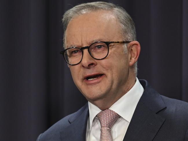 CANBERRA, AUSTRALIA, NewsWire Photos. APRIL 16, 2024: The Prime Minister, Anthony Albanese, Director-General of Security of ASIO, Mike Burgess, and the Commissioner of the Australian Federal Police, Reece Kershaw hold a press conference at Parliament House in Canberra. Picture: NCA NewsWire / Martin Ollman