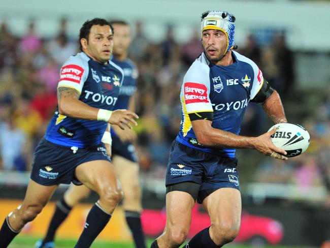 Final between North Queensland Cowboys and Brisbane Broncos at Dairy Farmers Stadium. Cowboys' Matt Bowen and Johnathan Thurston.