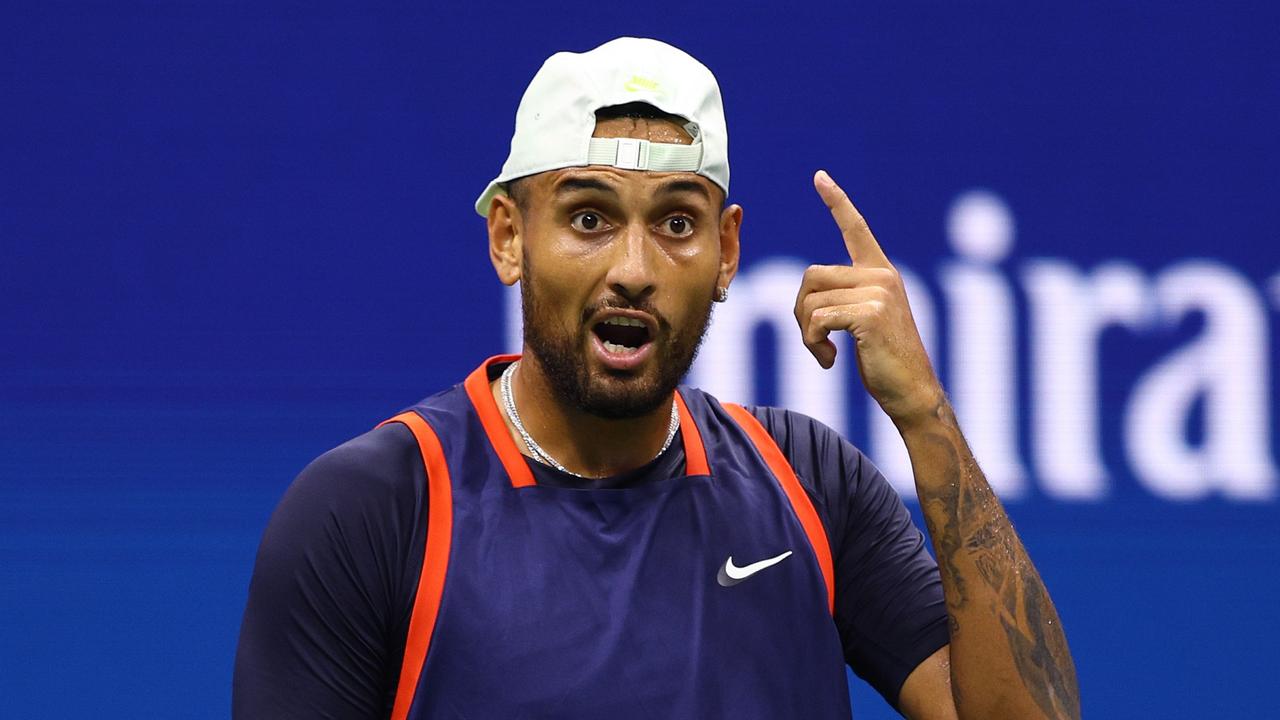 NEW YORK, NEW YORK - AUGUST 29: Nick Kyrgios of Australia reacts against Thanasi Kokkinakis of Australia during the Men's Singles First Round on Day One of the 2022 US Open at USTA Billie Jean King National Tennis Center on August 29, 2022 in the Flushing neighbourhood of the Queens borough of New York City. (Photo by Elsa/Getty Images)