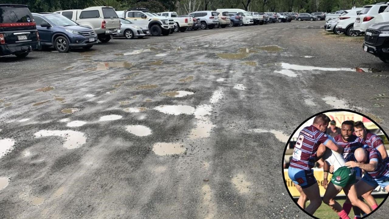 The carpark at Rockhampton's Rugby Park, which is the temporary home of the CQ Capras, is filled with potholes.