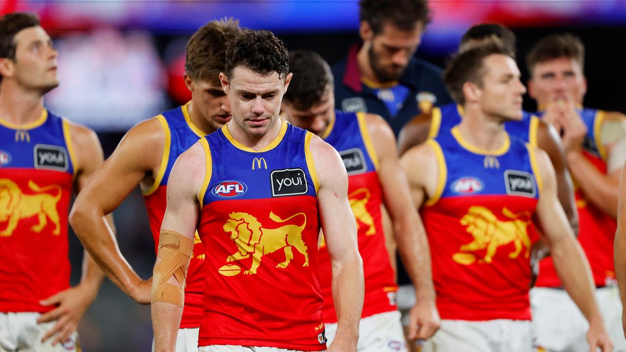 MELBOURNE, AUSTRALIA - MARCH 30: Lachie Neale of the Lions looks dejected after a loss during the 2023 AFL Round 03 match between the Western Bulldogs and the Brisbane Lions at Marvel Stadium on March 30, 2023 in Melbourne, Australia. (Photo by Dylan Burns/AFL Photos via Getty Images)