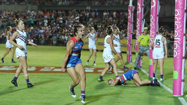 Elle Blackburn celebrates a goal against Fremantle. Picture: Wayne Ludbey