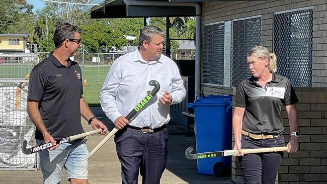 Mackay Hockey Association treasurer Melissa Sorensen, LNP candidate for Dawson Andrew Willcox and Mackay Hockey Association president Matt Murphy. Funding announcement for Mackay Hockey grandstand 13 May 2022. Picture: Max O'Driscoll