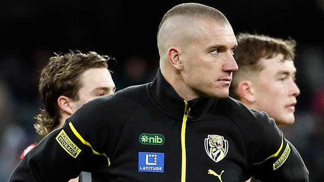 MELBOURNE, AUSTRALIA – JUNE 30: Dustin Martin of the Tigers looks on during the 2024 AFL Round 16 match between the Richmond Tigers and the Carlton Blues at The Melbourne Cricket Ground on June 30, 2024 in Melbourne, Australia. (Photo by Michael Willson/AFL Photos via Getty Images)