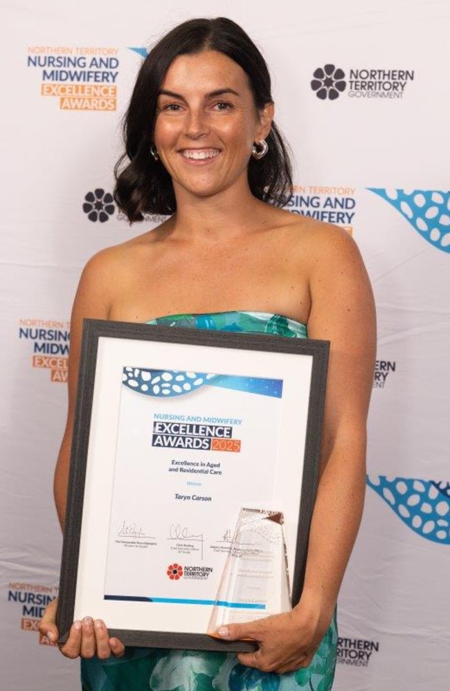 Excellence in Aged and Residential Care award winner Taryn Carson. The 2025 NT Nursing and Midwifery Excellence Awards were held at Mindil Beach Casino Resort, Darwin, on May 10. Picture: Supplied/Georgia Politis.