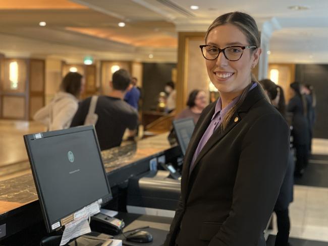 Langham Melbourne's guest experience and club lounge manager Sophie di Fabio welcomes the weekend crowd. Picture: Hayley Elg.