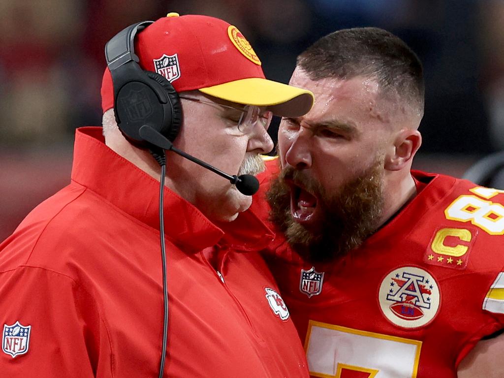 Travis Kelce #87 of the Kansas City Chiefs screams into the ear of head coach Andy Reid in the first half against the San Francisco 49ers. Picture: Jamie Squire/Getty Images