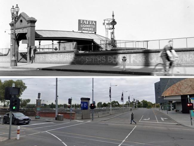 An entrance to Princes Bridge Station once stood at the bottom of Russell St. Pictures: Public Records Office Victoria, Google