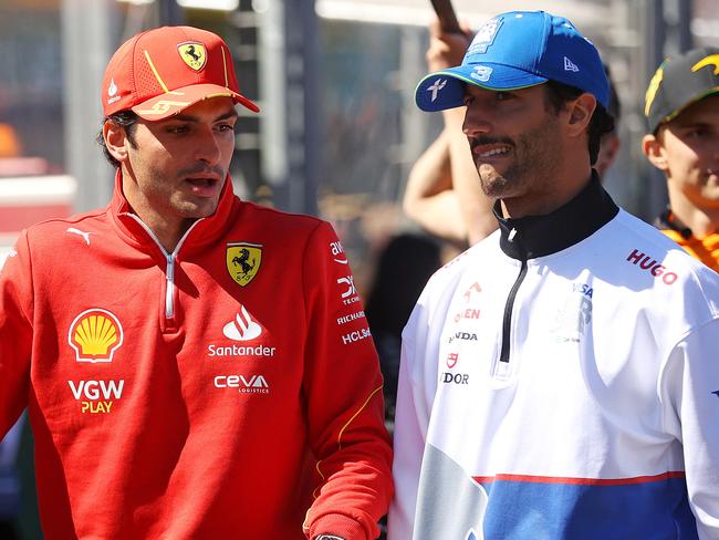 MELBOURNE, MARCH 24, 2024: 2024 Formula One Australian Grand Prix at Albert Park. Carlos Sainz and Daniel Ricciardo arrive for a drivers parade. Picture: Mark Stewart