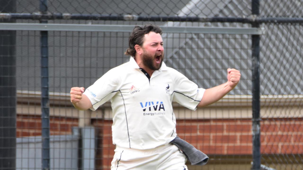 Mitch Troy celebrates a wicket for North Geelong. Picture: Wes Cusworth.