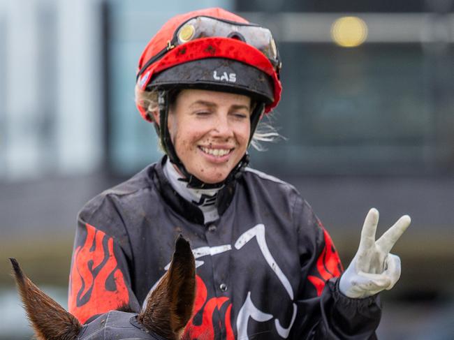 Jess Tzaferis chalked up a race-to-race double early in the card at Morphettville Parks. Picture: Makoto Kaneko