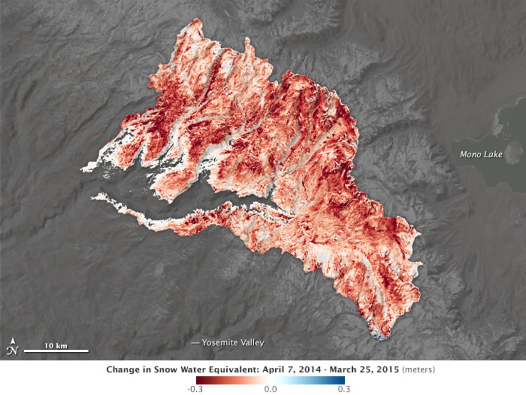 Changes in snow water in the region between 2014 – 2015. Picture: NASA