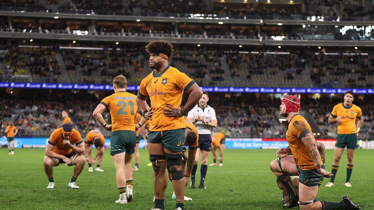 PERTH, AUSTRALIA - AUGUST 17: Rob Valetini of the Wallabies looks on after the final whistle and being defeated during The Rugby Championship match between Australia Wallabies and South Africa Springboks at Optus Stadium on August 17, 2024 in Perth, Australia. (Photo by Paul Kane/Getty Images)