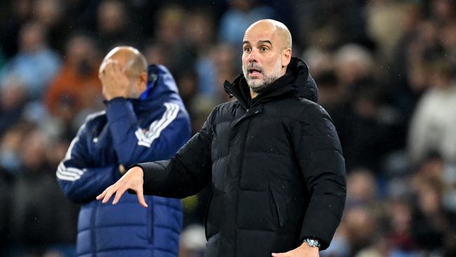 Pep Guardiola, Manager of Manchester City, reacts during the Premier League match between Manchester City FC and Nottingham Forest FC. (Photo by Michael Regan/Getty Images)