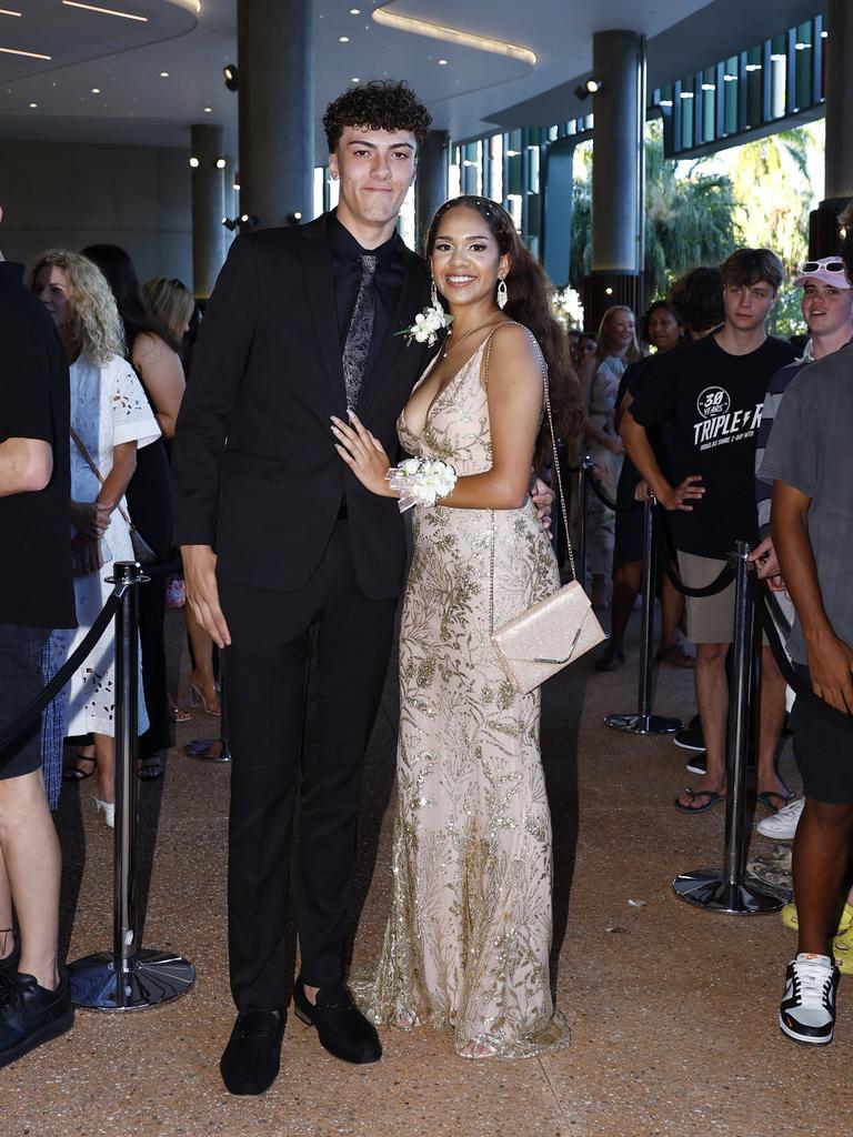 Kalel Badham and Leonie Moon arrive at the Peace Lutheran College formal evening at the Cairns Convention Centre. Picture: Brendan Radke