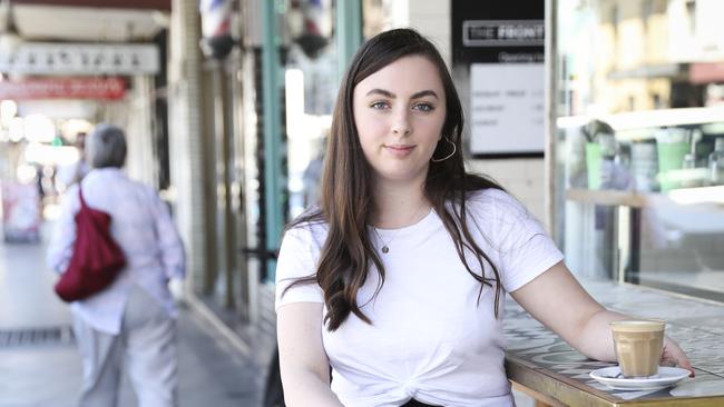 Jillian O'Riley, pictured at The Front Room cafe in Newtown, drinking a soy latte. Picture: Dylan Robinson