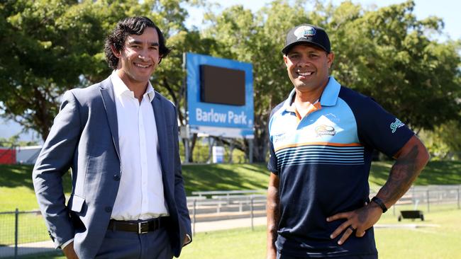 NRL legend Johnathan Thurston with Northern Pride Coach Ty Williams in Cairns. PICTURE: STEWART McLEAN