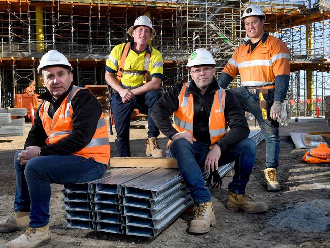 Mates in construction: Scott Grover, Kevin Warhurst, Ryan O’Sullivan, Kaani Matthews on the new Mitsubishi building site at Adelaide Airport. Picture: Tricia Watkinson