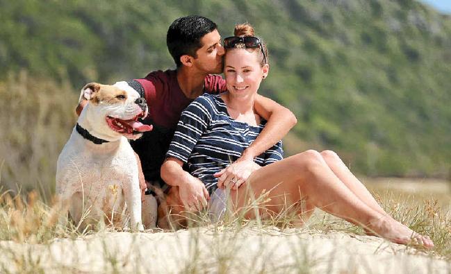 BRAVE: Nadine White, who is battling brain cancer, with her fiance Travis Meyn and dog Norman at Tallebudgera. Picture: Kit Wise GOLD COAST BULLETIN