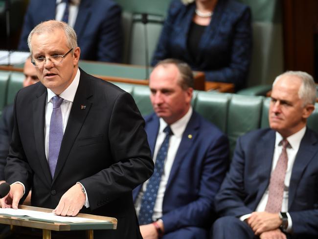 Scott Morrison speaks at the dispatch box during the delivery of the 2017-18 Federal Budget in the House of Representatives at Parliament House in Canberra on Tuesday. Picture: Lukas Coch/AAP