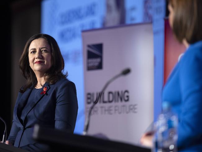 Premier Annastacia Palaszczuk (left) and Opposition Leader Deb Frecklington during Friday’s debate. Picture: Sarah Marshall/NCA NewsWire