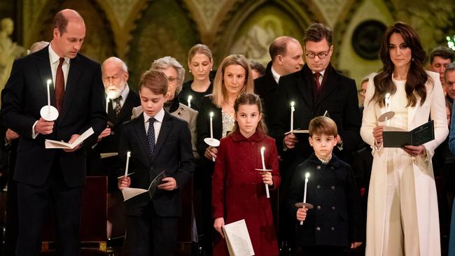 Prince William, Prince of Wales, Prince George, Princess Charlotte, Prince Louis and Catherine, Princess of Wales during the Royal Carols – Together At Christmas service at Westminster Abbey last year. Picture: Getty Images