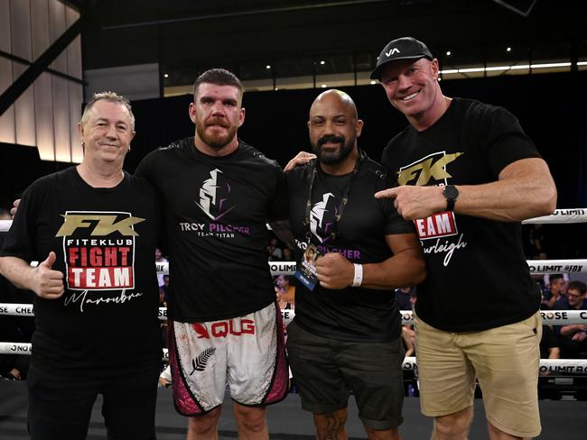 Former AFL great and boxer Barry Hall (right) was in Troy Pilcher's corner when he defeated Renold Quinlan at the No Limit Boxing event on March 6. Picture: No Limit Boxing