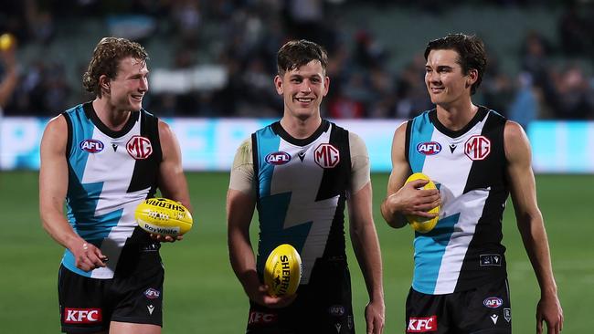 Xavier Duursma, Zak Butters and Connor Rozee. Picture: James Elsby/AFL Photos via Getty Images