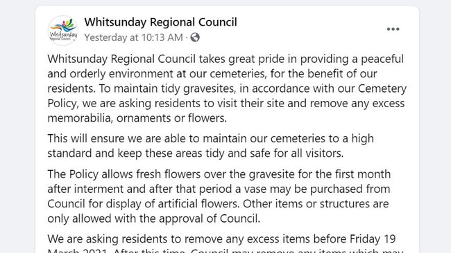 Whitsunday Regional Council's Facebook post about gravesites in the region.