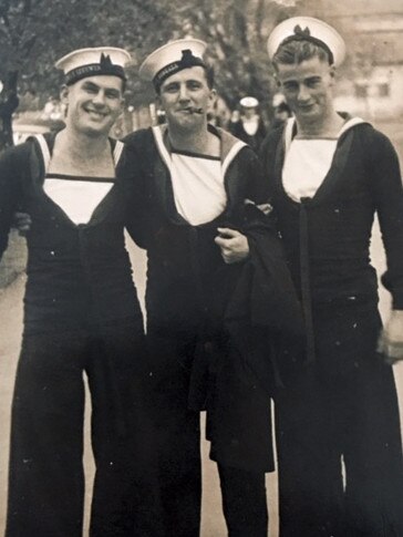 “Jim Monk (far left) is my father and two unknown shipmates in Sydney.” Picture: Supplied by Trev Monk